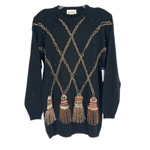 Vtg 80s Xmas Sweater Beaded Tassels The Icing S Black Shoulder Pads Bling Glam